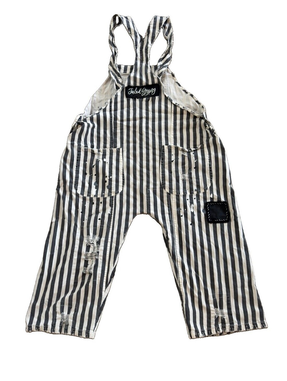 Jaded Gypsy Boho Distressed Patch Paint Splatter Overalls Adjustable Rare - Picture 3 of 16